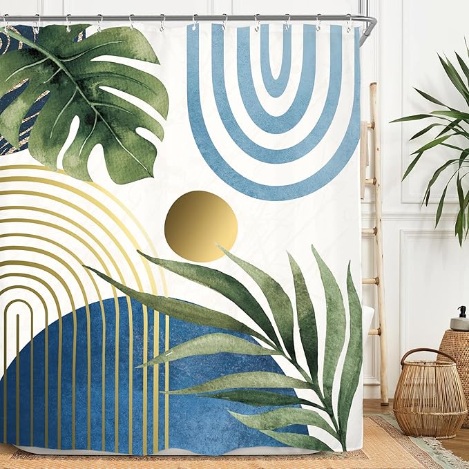 Miyotaa Abstract Blue Modern Shower Curtain Set 60Wx71H Inches Minimalist Aesthetic Mid Century Contemporary Plant Monstera Leaves Polyester Waterproof Bathroom Curtain with 12 Hooks