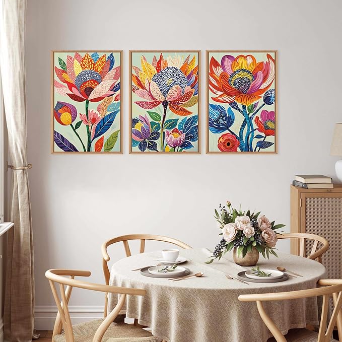 HPINUB Abstract Botanical Floral Framed Canvas Wall Art Set,Colorful Dot Art Modern Flower Wall Decor,Vibrant Blooming Flowers Artwork Eye-Catching Boho Art Print for Living Room,Bedroom-24"x36"x3
