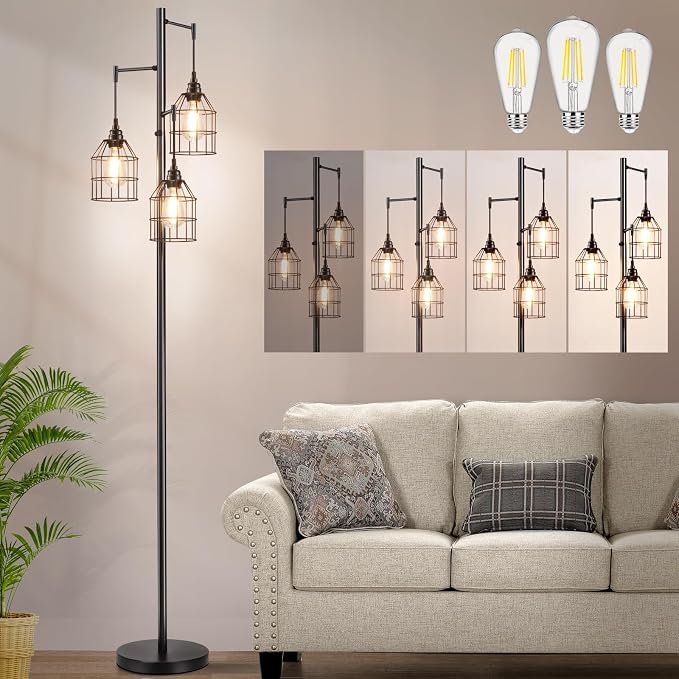 Sucolite 70" Dimmable Floor Lamp for Living Room, Industrial 3-Light Tree Floor Lamp Black with Cages, Farmhouse Rustic Tall Standing Lamp Floor Lighting for Bedroom Office, 3 Free LED Edison Bulbs