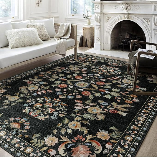 MUJOO 8x10 Area Rugs Washable,Large Floral Rugs for Living Room Bedroom Dining Room,Boho Indoor Floor Rug Non Slip Throw Carpet Low Pile Vintage Black