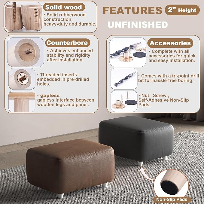 2 Inch Small Unfinished Rubberwood Furniture Legs Set of 4 - Short Solid Wood Legs Replacement for Ottoman & Bench,Couch & Sofa & Table Legs, Cabinet Feet - DIY Finish
