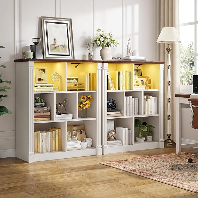 EnHomee 7 Cube Storage Organizer, Small Bookshelf with LED Light and Charging Station, Wood Book Shelf, Farmhouse Bookshelf for Living Room, Bedroom, Home Office,White