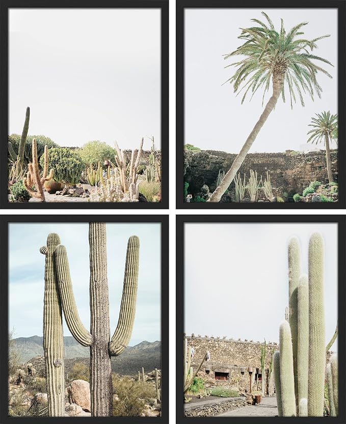SIGNWIN Framed Tropical Palm Tree Saguaro Cactus Wall Art, Set of 4 Desert Landscape Wall Decor Prints, Nature Wilderness Wall Décor for Living Room, Bedroom - 12"x16" Black