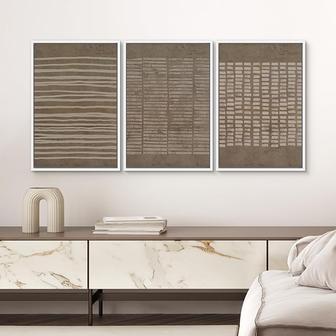 SIGNWIN Framed Canvas Print Wall Art Set Grunge Geometric Brown Line Art Graffiti & Street Art Abstract Illustrations Modern Art Decorative Nordic for Living Room, Bedroom, Office - 16"x24"x3 White