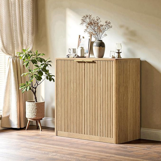 Evermagin 31.5" Oak Buffet Cabinet with Storage, Small Sideboard Cabinet, Boho Accent Credenza, Fluted Console Table with Doors for Dining Room, Kitchen, and Living Room