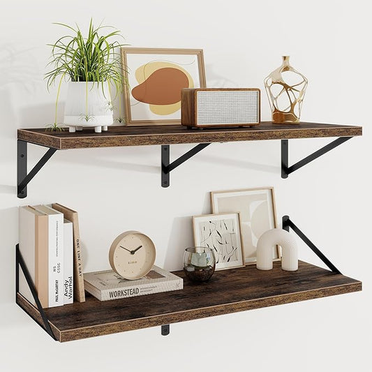 Floating Shelves, 12 Inch Deep Rustic Wood Wall Storage, 36W x 12D Wall Shelves Set of 2, Heavy Duty Metal Brackets, Large Industrial Book Shelf for Living Room, Kitchen, Bedroom, Brown