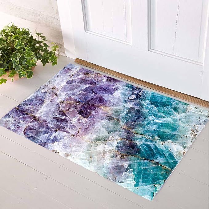 LB Purple Marble Bathroom Rug Abstract Geometric Non Slip Bath Mat Teal Crystal Mineral Doormat Memory Foam Super Absorbent Floor Mats,24x16 Inch