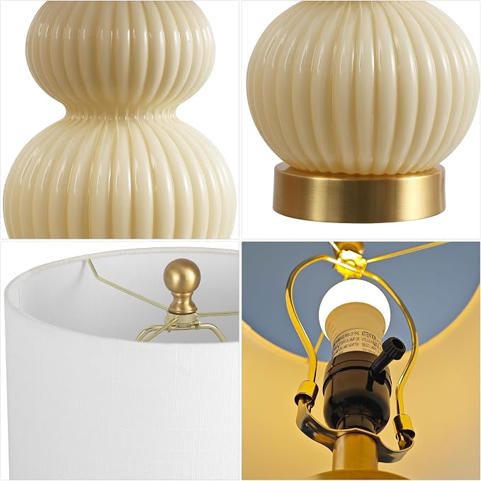 JONATHAN Y 20" Ivory/Brass Gold Ribbed Gourd Glass Table Lamp, Modern Bedside Lamp for Bedroom Living Room, White Linen Drum Shade, LED Bulb Included (JYL1099G)