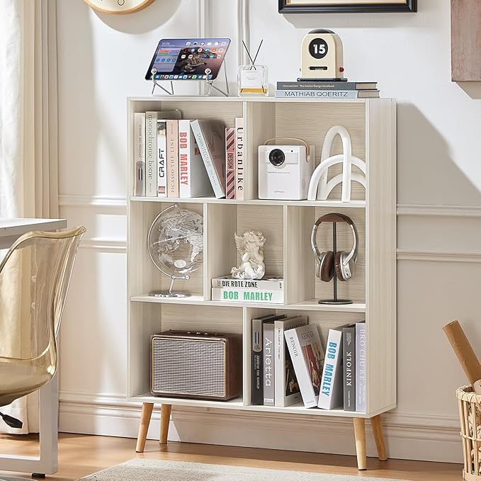 LEYAOYAO Cube Bookshelf 3 Tier Mid-Century Light Grey White Modern Bookcase with Legs,Retro Wood Bookshelves Storage Organizer Shelf,Freestanding Open Book Shelves for Bedroom,Living Room,Office