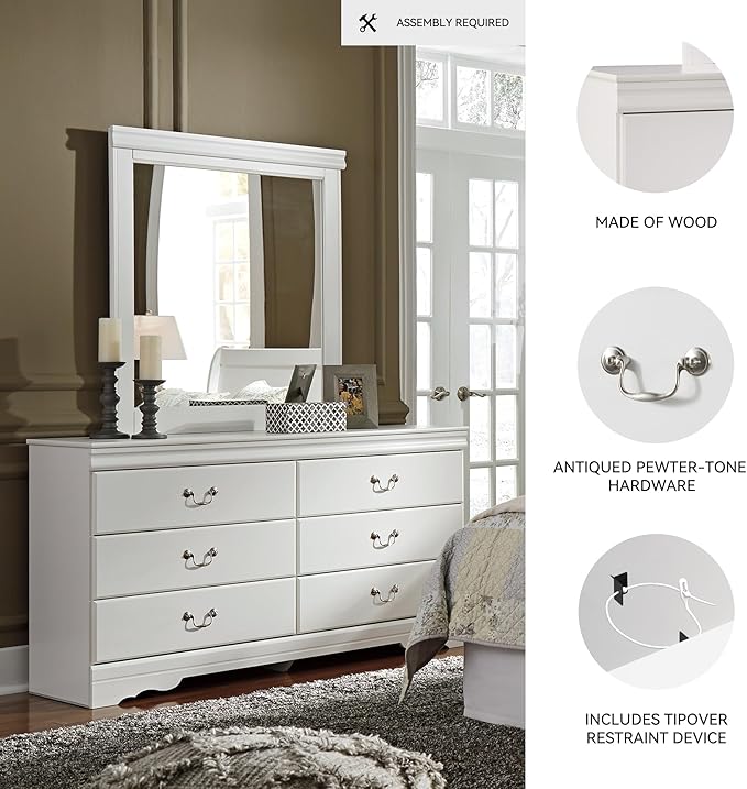 Signature Design by Ashley Anarasia Traditional Smooth-Gliding 6-Drawer Dresser and Mirror with Safety Stop, White