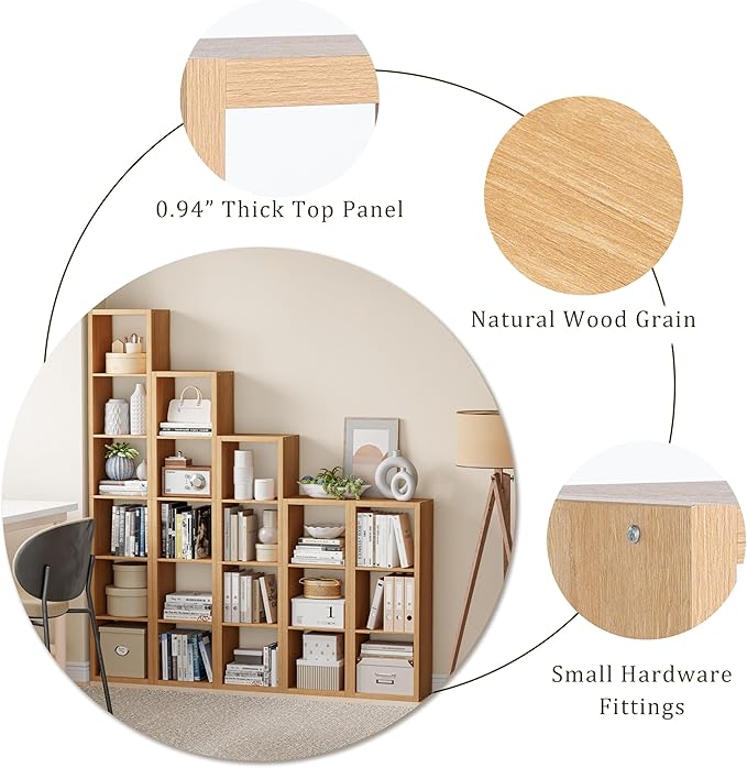 Cube Storage Organizer Bookcase, Decorative 11 inch Open Back Cubical Shelf with Thickened Border, Display Bookshelf for Living Room, Home Office, Sturdy Room (Natural Oak, 6 Cube)