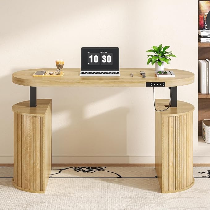 Mid Century Modern Electric Standing Desk with Storage, 55 x 22 Inch Small Sit Stand Up Desk, Wood Adjustable Height Computer Executive Desk for Home Office, Laptop, Oak