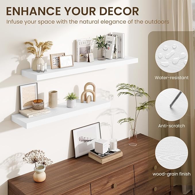 Fun Memories Floating Shelves Set of 2, 36 Inch Long Wooden Wall Shelves, 10 Inch Deep Wall Mounted Storage Shelf with Metal Brackets for Living Room, Bathroom, Bedroom and Kitchen, White