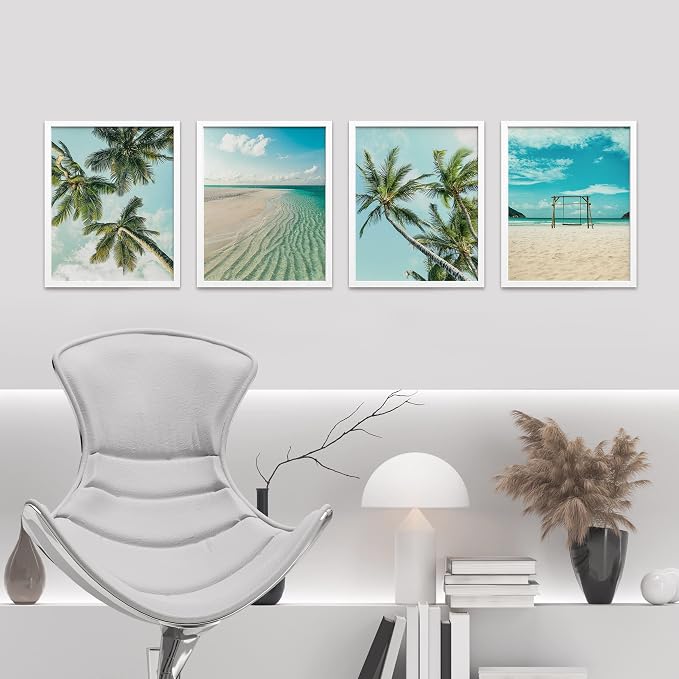SIGNWIN Framed White Topical Teal Sky Palm Tree Beach Ocean Seaside Wall Art, Set of 4 Landscape Colorful Wall Decor Prints, Nature Wilderness Wall Décor for Living Room, Bedroom - 11"x14" White