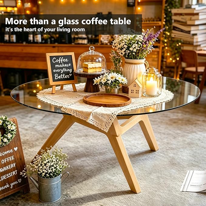 Glass Coffee Table - Round Coffee Table with Clear Tempered Glass Top, Modern Low Minimalist Center Table, Sturdy Solid Wood Coffee Table for Living Room Home Office, Wood
