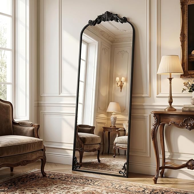 HARRITPURE Vintage Arched Full Length Mirror, 64"x21" Baroque Carved Full Body Mirrors, Large Floor Standing Mirror with Black Aluminum Frame for Bedroom, Living Room, Entryway