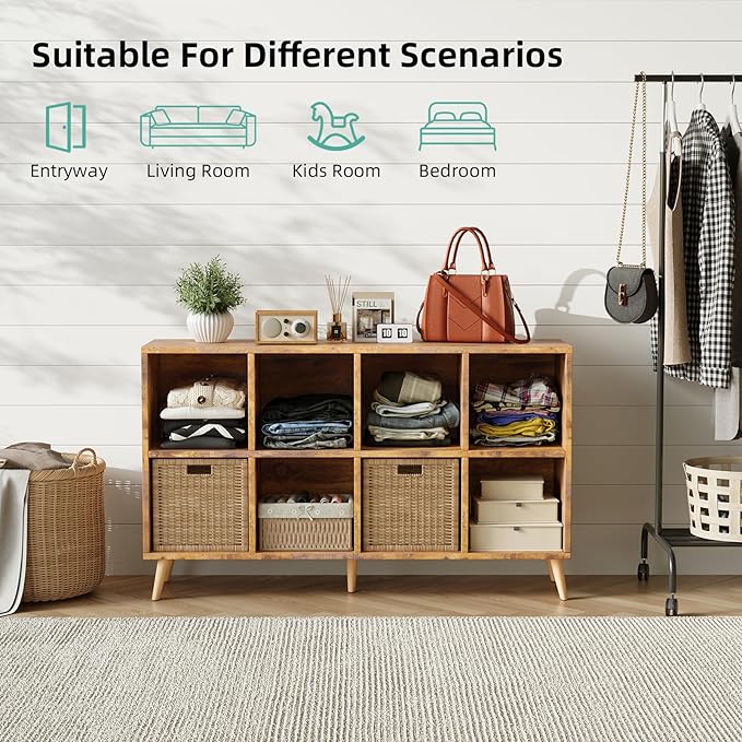 Flrrtenv 8-Cube Bookshelf 2 Tier Retro Bookcase with Legs, 11in Shelf Opening, 47" Wood Bookshelves Storage Organizer Shelf, Freestanding Open Book Shelves for Bedroom Living Room Office, Rustic Brown