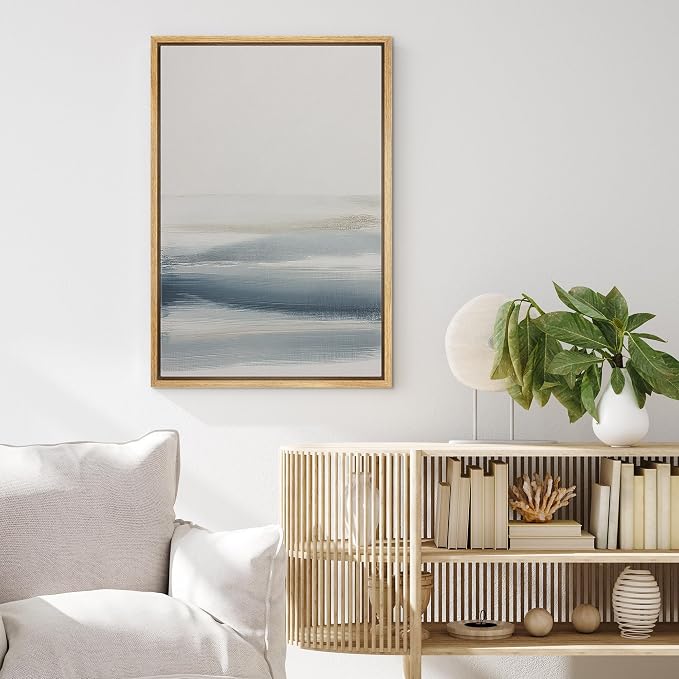 MUDECOR Framed Canvas Print Wall Art Minimalist Neutral Abstract Landscape Soft Blue Beige Illustrations Minimalism Decorative Bohemian Colorful Zen for Living Room, Bedroom, Office - 24"x36" NATURAL