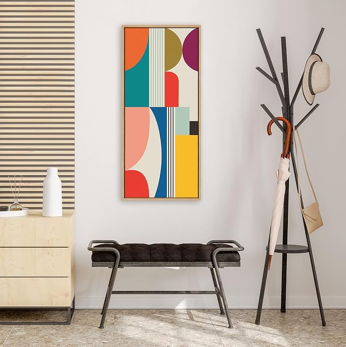Kate and Laurel Sylvie Mid Century Modern Pattern Framed Canvas Wall Art by Rachel Lee of My Dream Wall; 18x40 Natural; Colorful Abstract Art Print for Wall