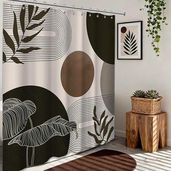 Brown and Beige Shower Curtain Light Brown Tan Taupe Boho Mid Century Modern Shower Curtains for Bathroom Decor MCM Mens Cool Bath Curtain Set, Waterproof Fabric with Hooks 70 x 96 Inch