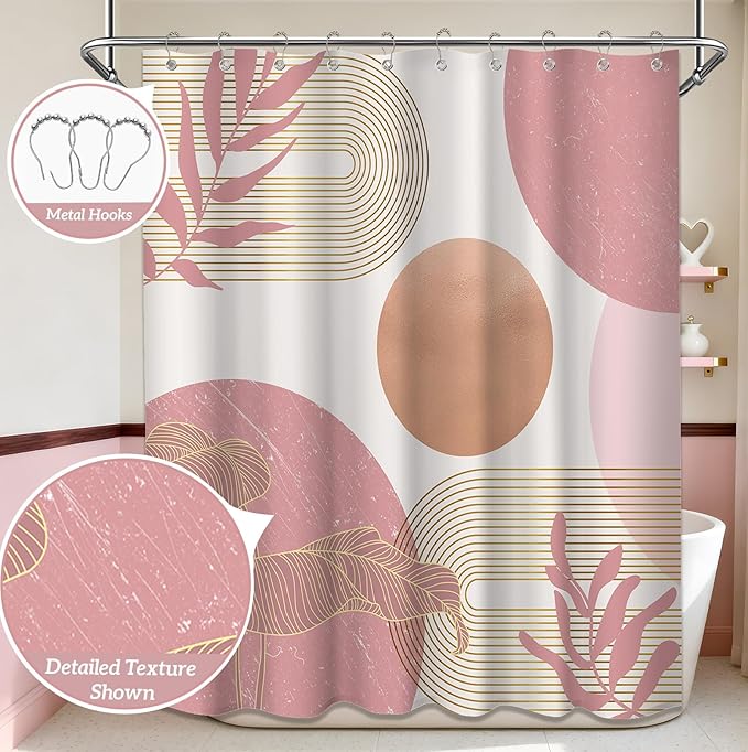 Blush Pink Shower Curtain Light Pink and White Shower Curtains for Bathroom Decor Abstract MCM Bath Curtain Set, Waterproof Fabric with Hooks 60 x 72 Inch