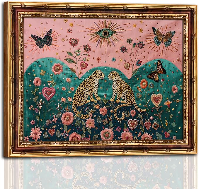 Mystical Leopard and Butterfly Wall Art with Gold Vintage Frame, Surreal Botanical Folk Art Print, Embroidery Style Boho Painting with Sacred Hearts and Cosmic Eye, Picture Wall Decor 12×16 Inch