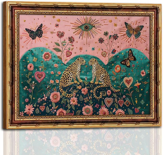 Mystical Leopard and Butterfly Wall Art with Gold Vintage Frame, Surreal Botanical Folk Art Print, Embroidery Style Boho Painting with Sacred Hearts and Cosmic Eye, Picture Wall Decor 12×16 Inch
