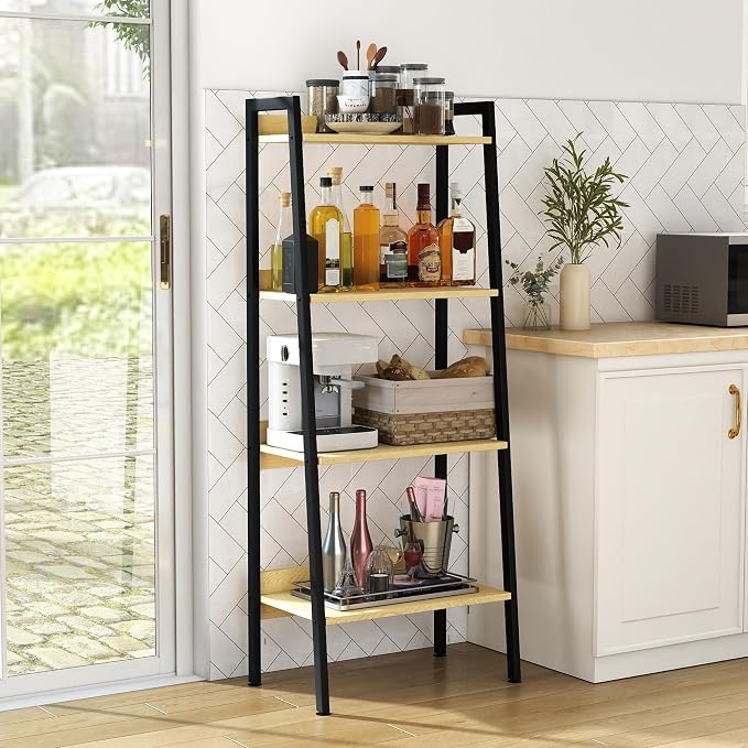 Ladder Shelf, 4 Tier Ladder Shelf, 22” Wide Tower Storage Shelf for Books, Anti Tip Feature, Steel Frame, Perfect for Bookshelf, Plants, Kitchen, Living Room, Office, Natural Oak