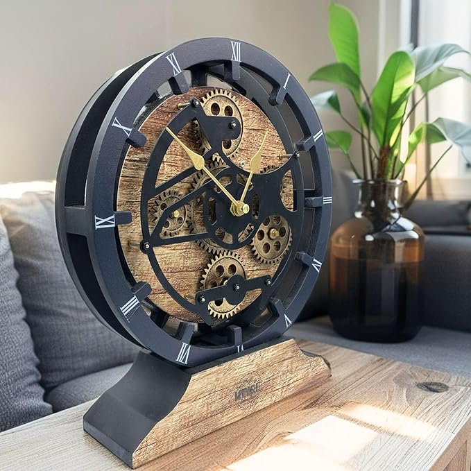 ImprovingLife The Gears Clock Desk Clock 10 inches with Real Moving Gears Convertible into Wall Clock (Vintage Brown)