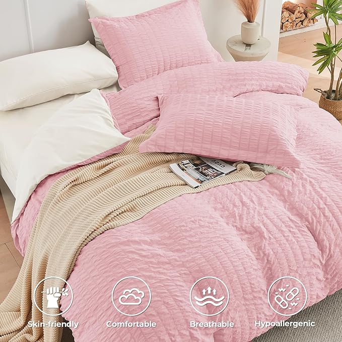 HYMOKEGE Pink/Ivory Full Size Comforter Sets Seersucker 7 Pieces, All Season Luxury Bed in a Bag for Bedroom, Bedding Set with Comforter, Sheets, Pillowcases & Shams