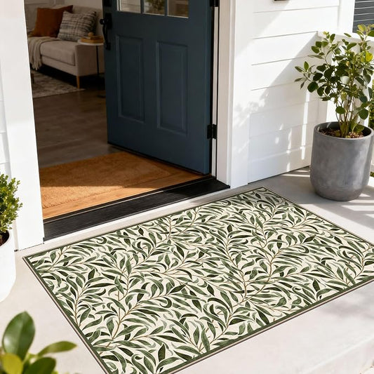 Boho Outdoor Rug - 28" x 43" Front Door Mat Indoor Outside Entrance Non-Slip Washable Outdoor Mat Spring Sage Green Leaf Rug for Entryway Kitchen Bedroom Layered Doormat for Front Porch