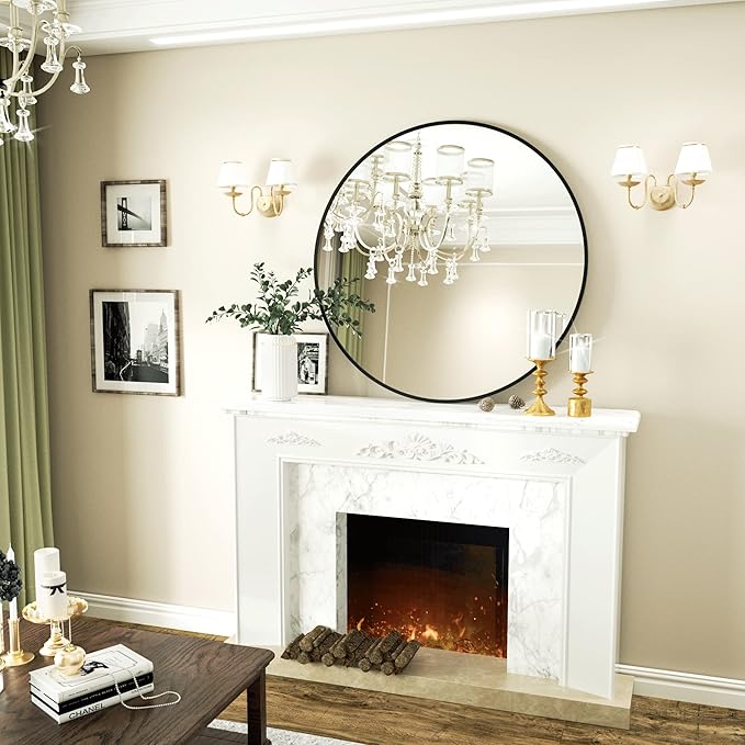 VooBang Round Mirror 36" Black Wall Mounted Circle Mirrors Vanity Mirror with Aluminum Alloy Frame Modern Decoration for Bathroom, Living Room, Vanity, Bedroom, Entryway