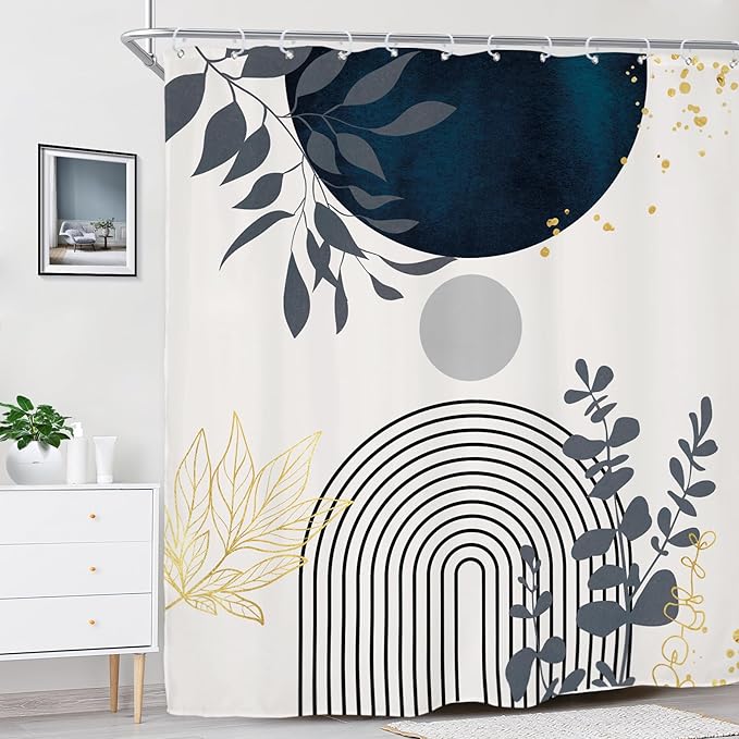 Riyidecor Extra Wide Boho Navy Blue Shower Curtain for Bathroom Decor 72Wx78H Gold Eucalyptus Plants Abstract Boho Modern Mid Century Art Printed Fabric Polyester Waterproof 12 Pack Plastic Hooks