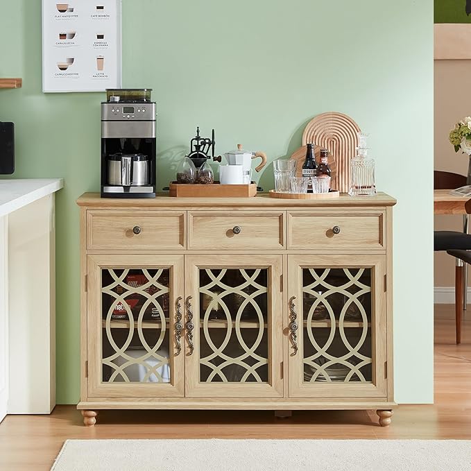 Farmhouse Sideboard Buffet Cabinet Set of 2 with Storage,48" Large Credenza with 3 Glass Doors & 3 Drawers,Adjustable Shelves Console Table,Wood Kitchen Coffee Bar for Dining Room,Natural
