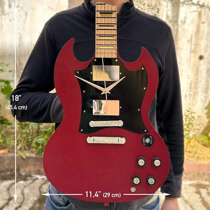 goodtime SG Style Guitar Wall Clock, 18 Inch Red Decor | Silent Sweep Movement, Oak Fretboard | Unique Gift for Men, Guitar Lovers, Musicians, and Man Cave