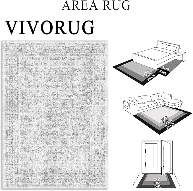 8x10 Area Rugs for Living Room, Non-Slip Backing Washable Rug 8x10, Grey Large Area Rug Soft Carpet for Bedroom Dining Room, Vintage Floral, Easy Clean, Durable, Low Pile Rug Under Table