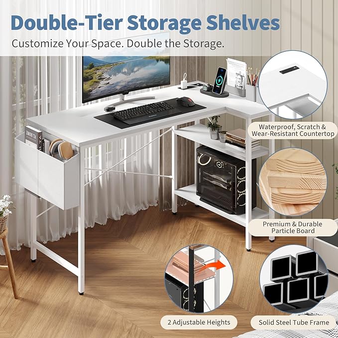 DUMOS 39" Corner Gaming Desk, L Shaped Computer Desk with 3AC+2USB+1Type-C Power Strip, Storage Shelves & Side Hanging Fabric Organizer, White Gaming Workstation for Home Office and Bedroom
