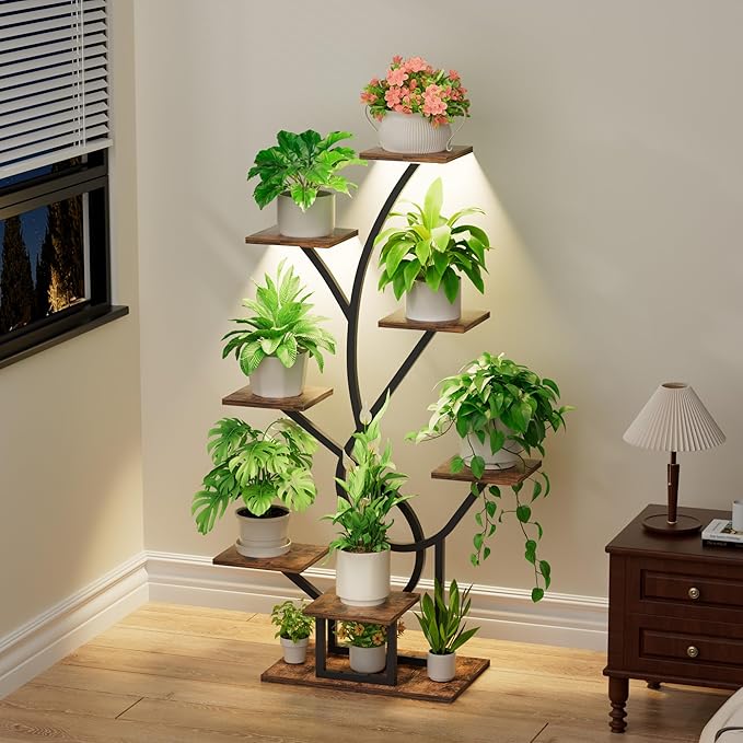 EVAWOO Plant Stand Indoor with Grow Lights - 8 Tiered Corner Plant Shelf Indoor, 50" Tall Lighted Plant Stand for Indoor Multiple Plants, Flower Stands Display Rack Holder for House, Patio, Black