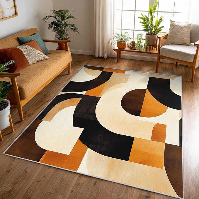 Mid Century Modern Rugs for Bedroom Decor, 6x8 ft, Abstract Geo Area Rugs for Living Room, Soft Non Slip Washable MCM Geometric Carpet Home Decorations Dt-Ghf-28