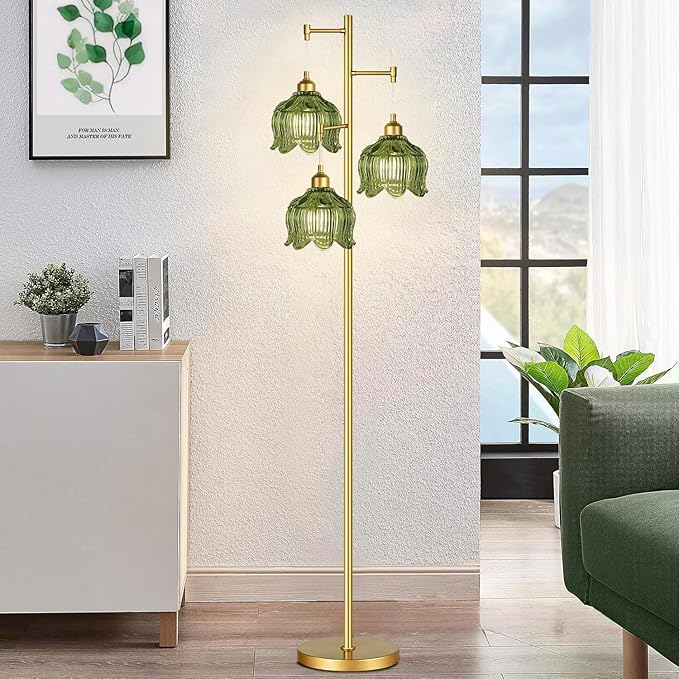 Glass Floor Lamp for Living Room,Bedroom,Gold Mid Century Modern Standing Lamp Brass Tree 3 Light Tall Floor Lamps Vintage Retro Floor Lights Green Flower Lamp Shade Farmhouse Boho Bohemian