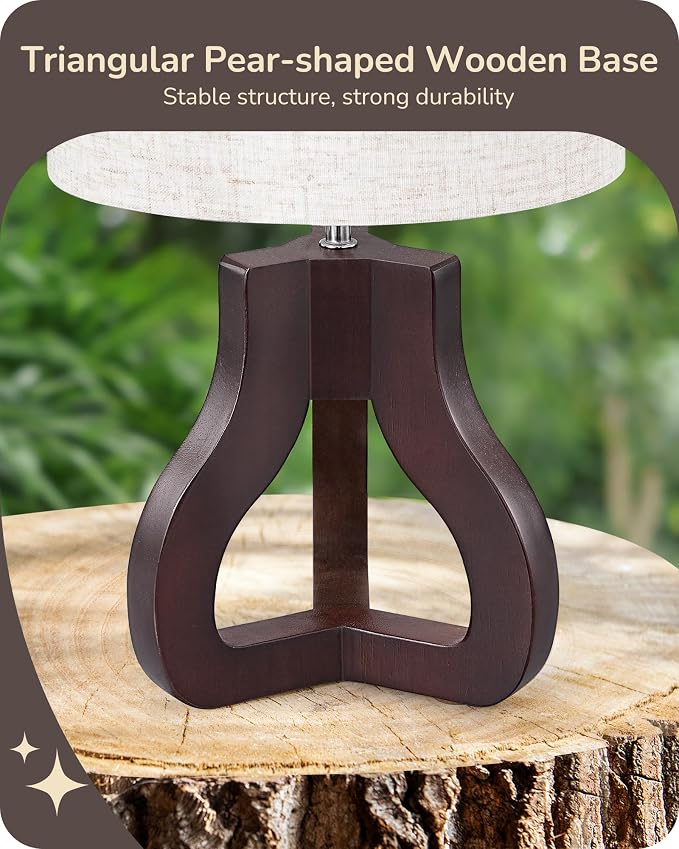 EDISHINE 14.6" Small Table Lamp, Walnut Wood Tripod Nightstand Lamp for Bedroom, Beige Linen Shade, Cute Bedside Lamp for Living Room, Bedroom, On-Off Line Switch, E26 Base(Bulb Not Included)