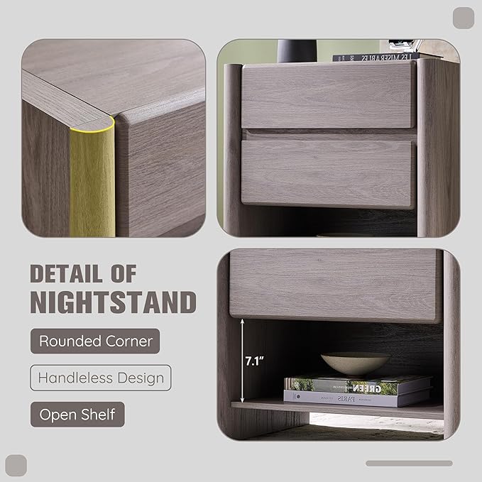 25" Tall Modern Nightstand with Charging Station, 23.6" W Nightstand with 2 Storage Drawers & Open Shelf, Wood Night Stand w/Rounded Corner Design for Bedroom, Living Room (Light Grey)