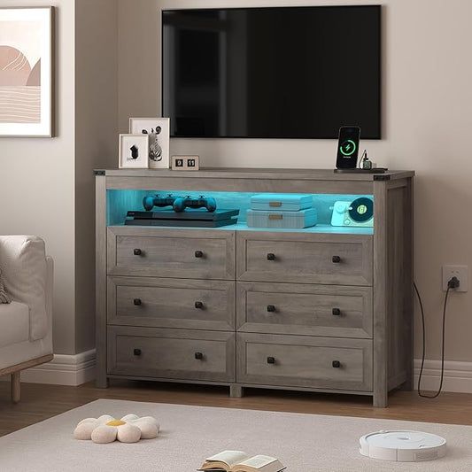 Grey Dresser 6 Drawer Dressers for Bedroom with LED Lights, Charging Station, Wood Chest of Drawers with Metal Handles, Modern TV Stand Storage Cabinet for Living Room, Hallway, Entryway, Gray