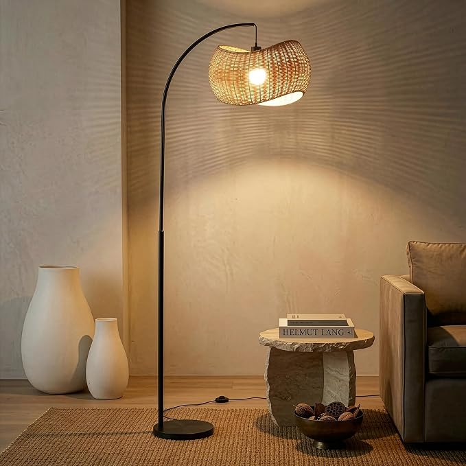 Brightech Wave Arc Floor Lamp - Chic Standing Lamp with Unique Hanging Wicker Pendant Shade for Living Room, Boho Rattan Natural Decor Lamp, Arcs Over Sofa, Bedroom & Office Desk for Reading - Black