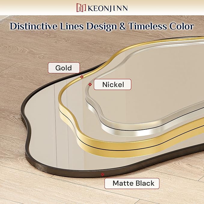 Keonjinn Nickel Irregular Mirrors for Wall 24" x 36" Inch, Asymmetrical Metal Frame, Tempered Glass Decorative Mirror for Bathroom, Bedroom, Living Room, Entryway(Horizontal/Vertical)