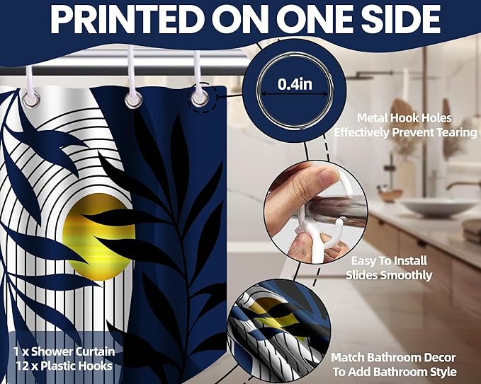 Boho Navy Blue Shower Curtain, Mid Century Modern Blue Shower Curtains for Bathroom Decor Set, Waterproof Fabric with Hooks, 70" W x 72" L