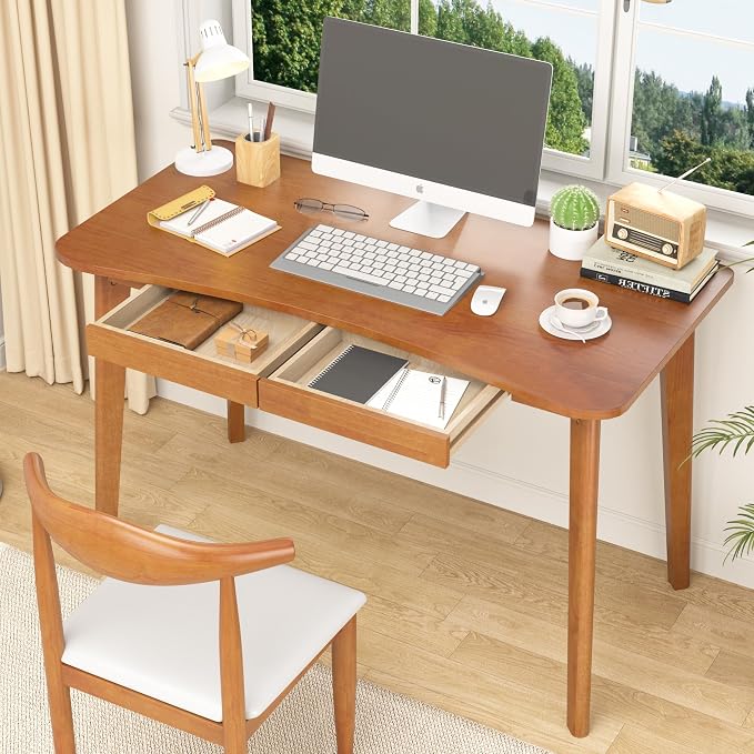 100% Solid Wood Desk with Drawers - 48 x 24 Inch Home Office Computer Desks, Modern Writing Desk with Drawers, Simple Study Table Makeup Vanity - Walnut Vintage Desks