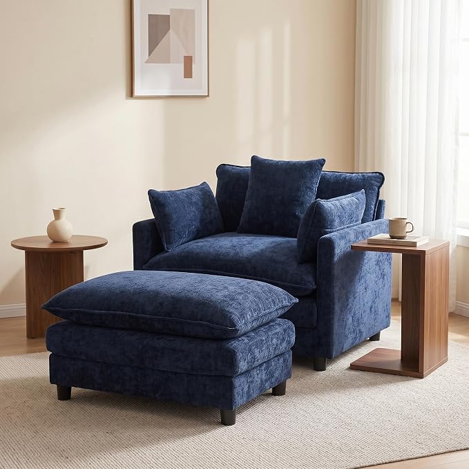 Oversized Accent Chair with Ottoman, Chenille Cloud Single Sofa Upholstered Double-Layer Seat Lounge Armchair with Pillows for Living Room Reading Apartment, Blue