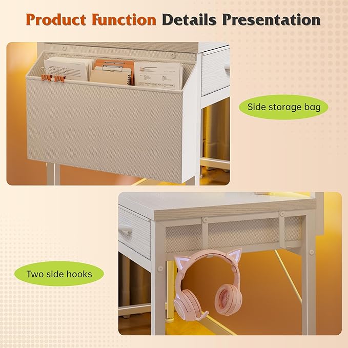 DurayLoly 32" Computer Desk with 2Drawers and Side Pocket for Teenagers,Office Desk with Monitor Stand and LED Lights, Study Writing Table with Anti-Tip Design for Small Spaces,Glacier White