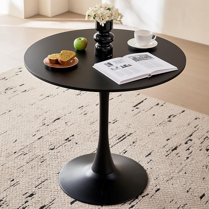 31.5" Round Dining Table for 4 Modern Circle Tulip Table with Metal Tulip Pedestal Base for Kitchen Dining Living Room Apartment Small Space Cafe, Black